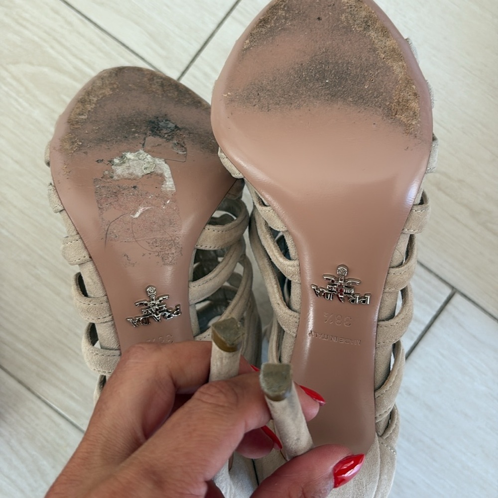 Prada Cage Suede Cream Heels - Picture 2 of 5
